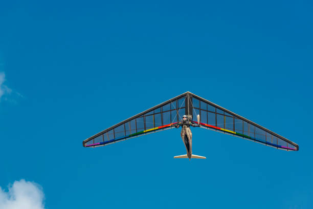 Bright rainbow colored hang glider wing in flight. Mankind dream of flight come true.