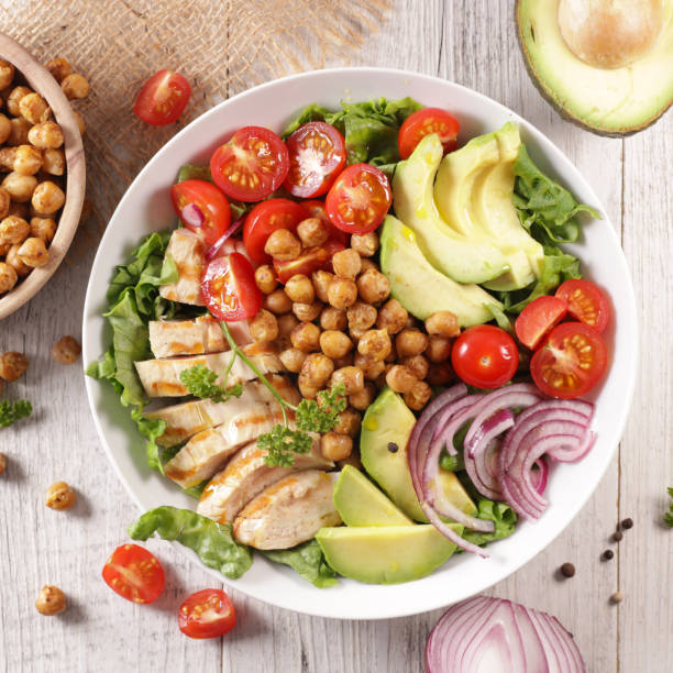 istock buddha bowl with chicken fillet, avocado, chickpea, tomato and onion 1208558405