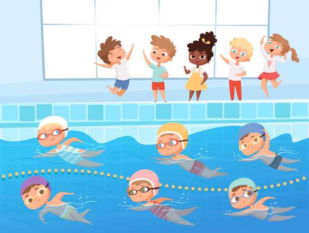 illustrazioni stock, clip art, cartoni animati e icone di tendenza di competizione di nuoto. gara di nuoto per bambini sport acquatici in piscina vettoriale sfondo cartone animato - stage costume immagine