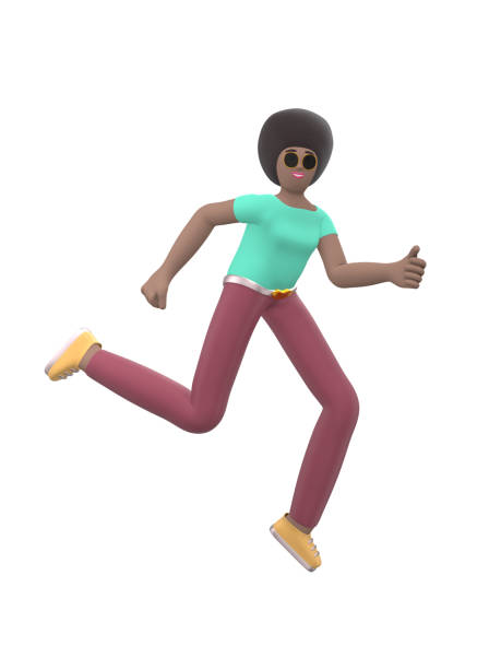 Young cheerful African girl dancing and jumping with arms raised up. Positive character in casual colored clothes isolated on a white background. Funny, happy cartoon man, student, teenager minimal style. 3D rendering. joven chica africana alegre bailando y saltando con los brazos levantados. carácter positivo en ropa de color casual aislada sobre un fondo blanco. divertido, feliz hombre de dibujos animados, estudiante, adolescente estilo mínimo. renderizado 3d.
