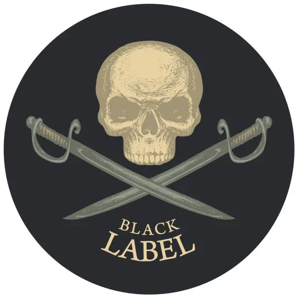 Vector illustration of round black label with a human skull and sabers