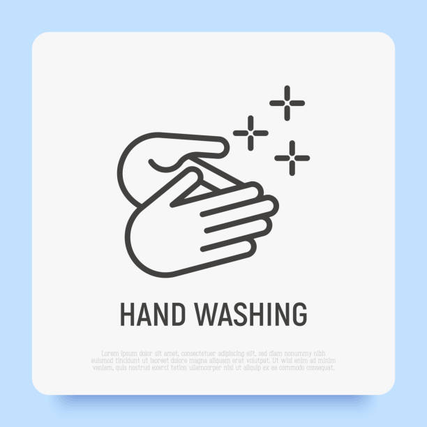 ilustraciones, imágenes clip art, dibujos animados e iconos de stock de lavado de manos, hábito saludable para la prevención de la higiene. icono de línea delgada. ilustración vectorial. - washing hands human hand washing hygiene