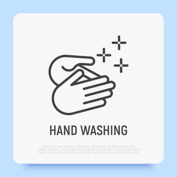 illustrazioni stock, clip art, cartoni animati e icone di tendenza di lavaggio delle mani, sana abitudine per la prevenzione dell'igiene. icona linea sottile. illustrazione vettoriale. - antibacterial washing hands washing hygiene