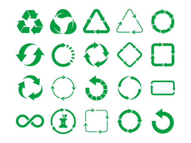 ilustraciones, imágenes clip art, dibujos animados e iconos de stock de gran conjunto de letreros de reciclaje. icono de reciclaje verde establecido sobre fondo blanco. 20 símbolos de reciclaje diferentes. - recycling