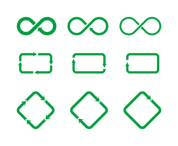 set von verschiedenen symbolen, die recycling und zirkulation darstellen. recycling-symbol-zeichen-set. unendlichkeitsschleife symbol. - recycling recycling symbol symbol sign stock-grafiken, -clipart, -cartoons und -symbole