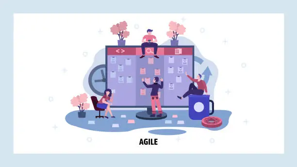 Vector illustration of Team work on project and check tasks on big kandan board. Agile and scrum board business management. Teamwork concept. Vector web site design template. Landing page website illustration