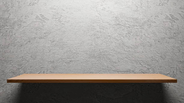 Wooden empty shelf  on cement wall background for show product. Wooden empty shelf  on cement wall background for show product. wood podium stock pictures, royalty-free photos & images