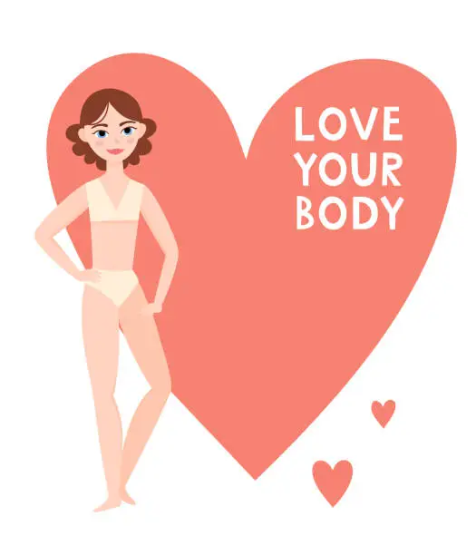 Vector illustration of Bodypositive woman dressed in underwear isolated on white