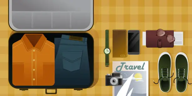 Vector illustration of Packing travelers man suitcase