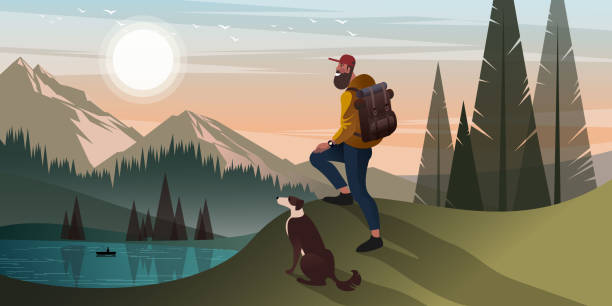 Mountain hiking with a dog Young bearded man is hiking in the mountains with a dog. Flat graphic vector illustration. hiking backgrounds stock illustrations