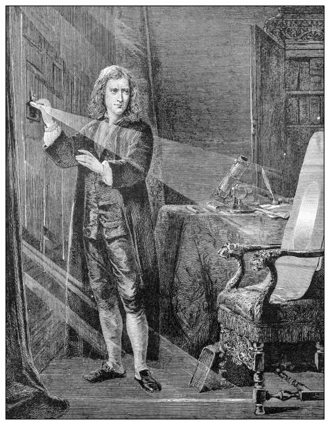 과거의 중요한 사람들의 골동품 그림 : 아이작 뉴턴은 빛의 광선을 분석 - sir isaac newton stock illustrations