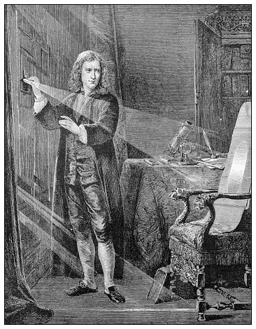 Antique illustration of important people of the past: Isaac Newton analysing the ray of light