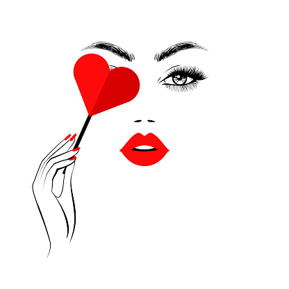 Stylish woman is keeping paper heart in her hand and closing eye, beautiful face, red lips, lush eyelashes, red nails manicure art. Beauty logo. Vector illustration, wallpaper background print.