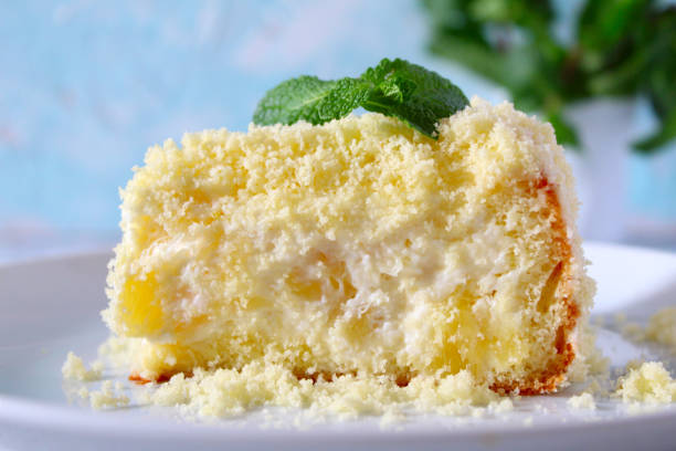 Mimosa cake with ananas. Top view with copy space. Women and Mathers Day. ananas stock pictures, royalty-free photos & images