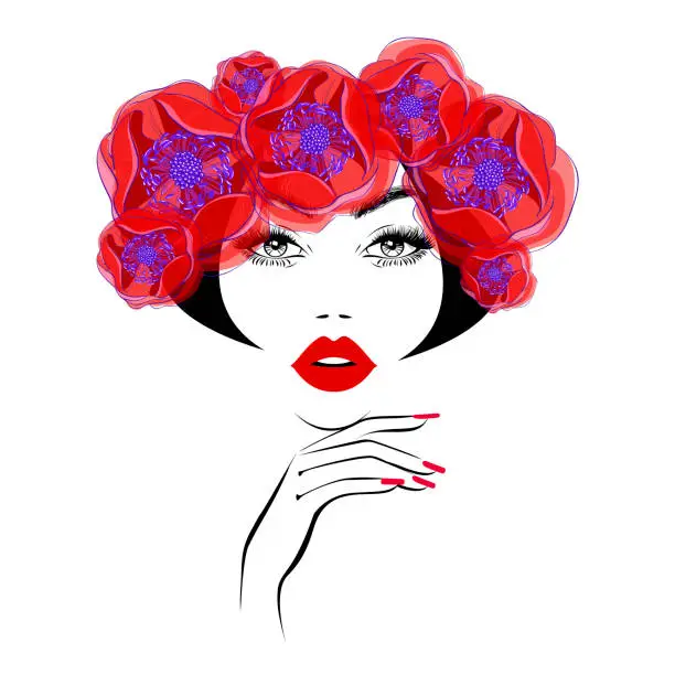 Vector illustration of Beautiful woman face, black abstract hairstyle, diadem and wreath from the beautiful red flowers, lush eyelashes, red lips, hand with red manicure nails. Beauty logo, spa salon, vector illustration.