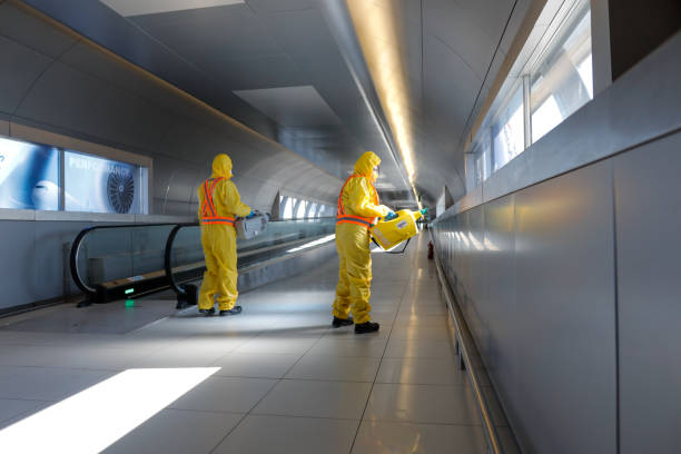 People wearing protective suits spray disinfectant chemicals on the Henri Coanda International Airport to prevent the spreading of the coronavirus. Otopeni, Romania - February 25, 2020: People wearing protective suits spray disinfectant chemicals on the Henri Coanda International Airport to prevent the spreading of the coronavirus. bucharest people stock pictures, royalty-free photos & images