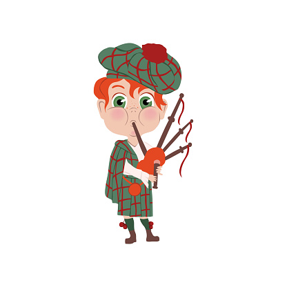 Red hair boy with striped hat scottish nation with musical bagpipes. Flat style. Vector illustration on white background