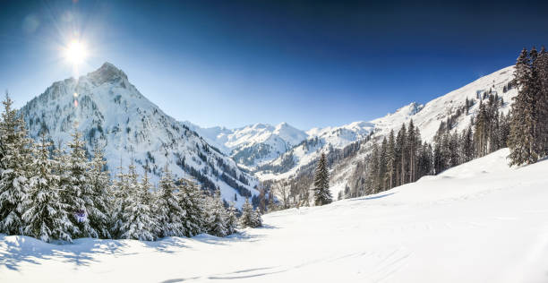 paesaggio invernale montano con neve profonda in una limpida giornata di sole. allgau, baviera, germania. - european alps cold mountain range clear sky foto e immagini stock