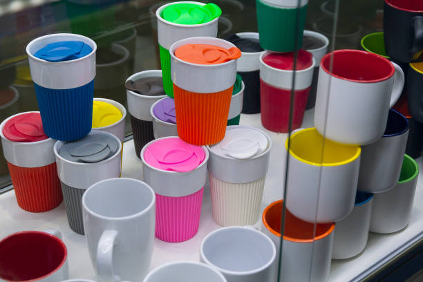 Colorful glasses and coaches on the display case