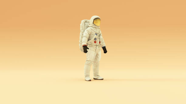 istock Astronaut with Gold Visor and White Spacesuit With Warm Cream Background with Warm Diffused Lighting 3 Quarter View 1208578642