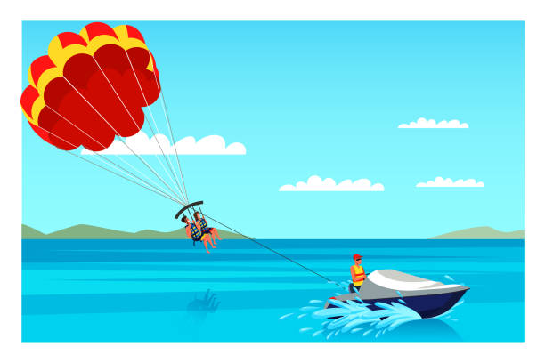 parasailing illüstrasyon. unutulmaz bir deneyim. deniz tesisi ve plaj aktiviteleri vektör düzeni. aktif ve macera tatil fikri. yaz tatili. - parasailing stock illustrations