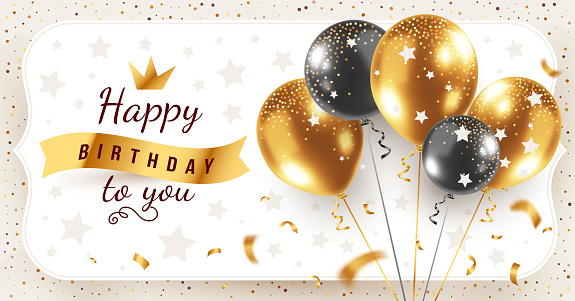 Vector happy birthday horizontal illustration with 3d realistic golden and black bunch of air balloon in frame on white background with text and glitter confetti. Holiday design for greeting card, party poster, invitation, banner