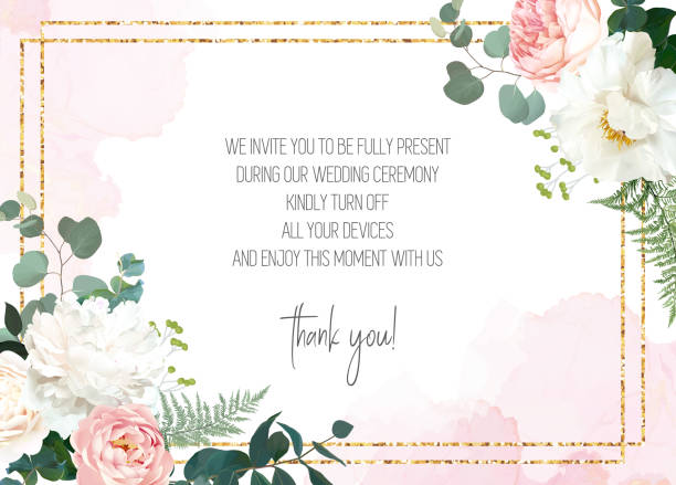Retro delicate wedding card with pink watercolor texture and flowers Retro delicate wedding card with pink watercolor texture and flowers. White peony, pink ranunculus, dusty rose, eucalyptus, greenery. Floral vector design frame. Elements are isolated and editable golden roses stock illustrations