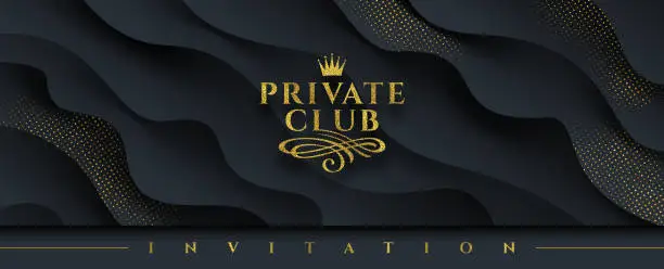 Vector illustration of Private club - Glitter gold logo with crown and flourishes element  on a abstract layered black background with golden halftone.