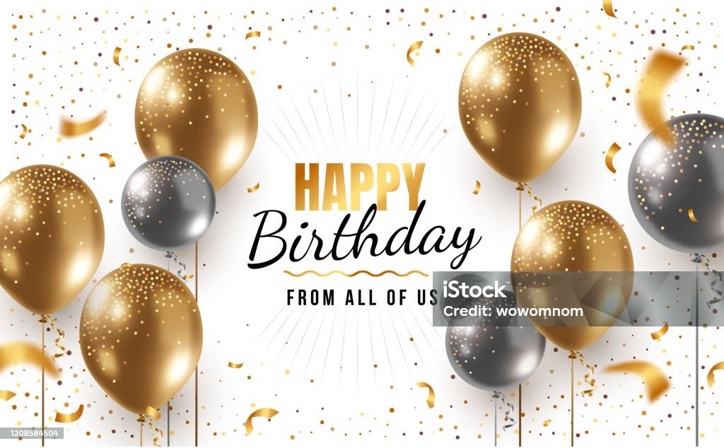 Vector happy birthday horizontal illustration with 3d realistic golden and silver air balloon on white background with text and glitter confetti. - Royalty-free Aniversário arte vetorial