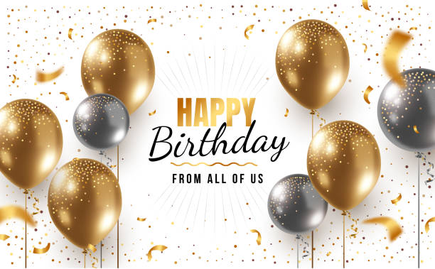 ilustrações de stock, clip art, desenhos animados e ícones de vector happy birthday horizontal illustration with 3d realistic golden and silver air balloon on white background with text and glitter confetti. - yellow and white