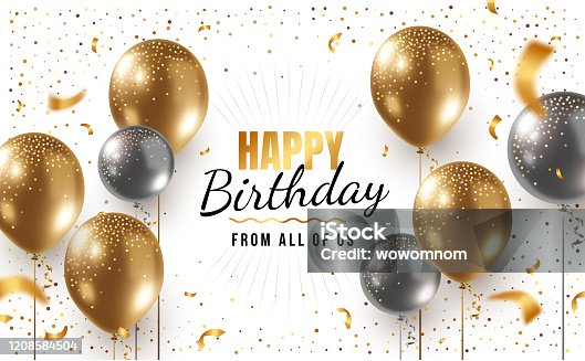istock Vector happy birthday horizontal illustration with 3d realistic golden and silver air balloon on white background with text and glitter confetti. 1208584504