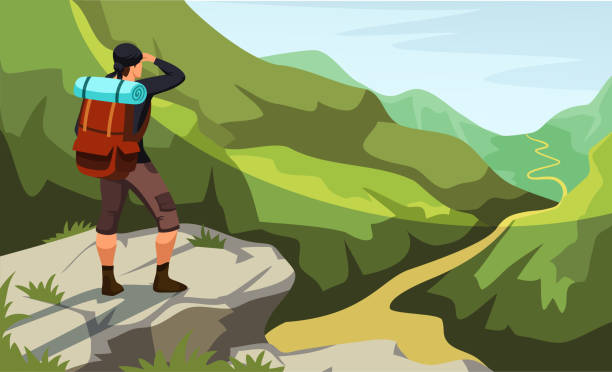 mann steht auf klippe und schaut auf bergweg - hiking backpacker adventure backpack stock-grafiken, -clipart, -cartoons und -symbole