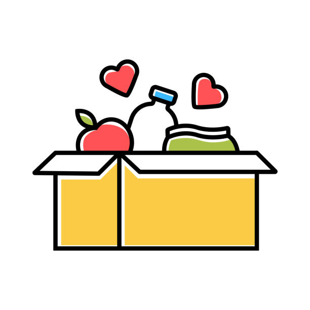 Food donations color icon. Charity food collection. Box with meal, hearts. Humanitarian assistance. Volunteer activity. Helping people in need. Hunger support program. Isolated vector illustration Food donations color icon. Charity food collection. Box with meal, hearts. Humanitarian assistance. Volunteer activity. Helping people in need. Hunger support program. Isolated vector illustration charity benefit illustrations stock illustrations