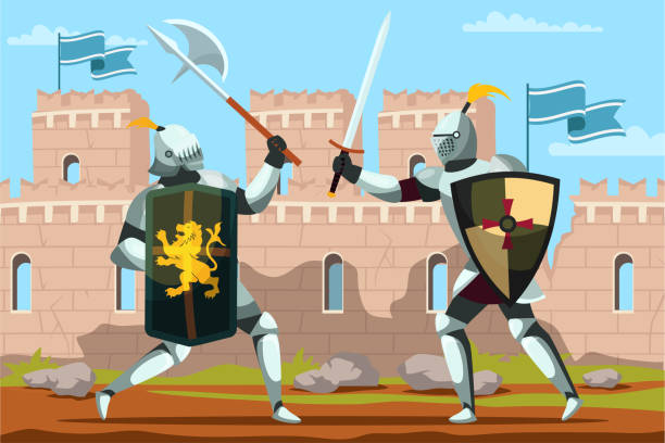 illustrazioni stock, clip art, cartoni animati e icone di tendenza di due cavalieri armati con spada e scudo che combattono - history knight historical reenactment military