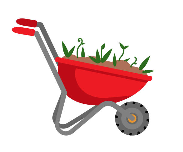 Wheelbarrow with seedling, soil isolated on white Red wheelbarrow equipped with handles. Hand-barrow with green plant seedling and soil isolated on white background. Tool, equipment for gardening, agricultural work side view. Vector illustration wheelbarrow stock illustrations