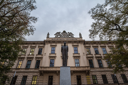 Picture of the main entrance to the Masaryk University of Brno, Czech Republic,with a statue of Tomas Garrigue Masaryk from the 1930s. Masaryk University is the second largest university in the Czech Republic, a member of the Compostela Group and the Utrecht Network.