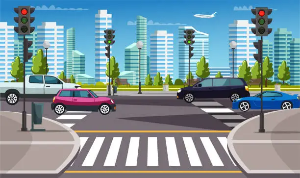 Vector illustration of City road with crossing on urban street cityscape