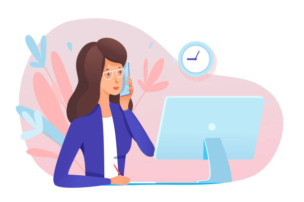Young woman secretary answering call in office Young woman secretary answering call. Professional specialist talking phone sit at table front of computer monitor. Office workflow. Conversation with client, partner. Vector illustration talking on office phone stock illustrations
