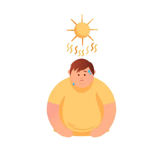 Vector illustration of Cartoon vector illustration of a fat man sweats from abnormal hot weather under the sun, flat lay style.