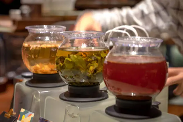 SHANGHAI, CHINA - JANUARY 11, 2020: Many type of the chinese tea at the Starbucks Reserve Roastery in Shanghai. The second largest in the world.