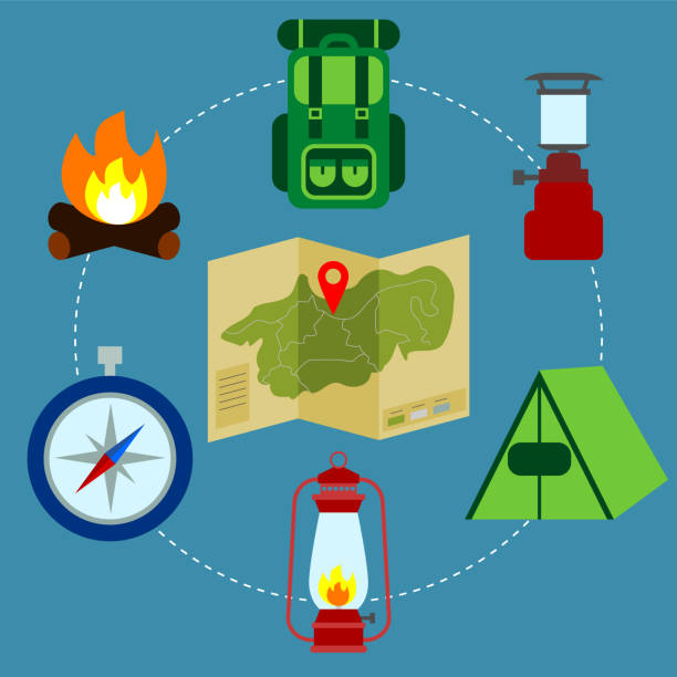 Camping equipment with the map in the center. Hiking icons.Camping concept.Outdoor gear and accessories. Map, tent, lantern,stove,backpack,campfire,compass. Vector illustration, flat style, clip art. base camp stock illustrations