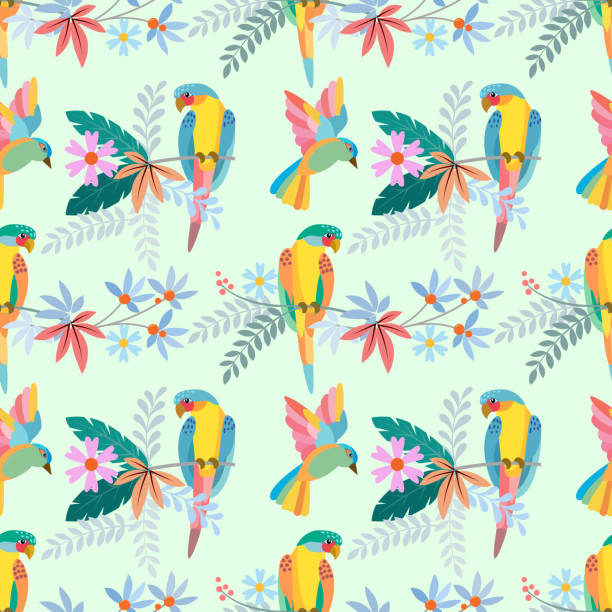 Colorful parrot on branch with flowers seamless pattern. Colorful parrot on branch with flowers seamless pattern fabric textile wallpaper. bird backgrounds stock illustrations