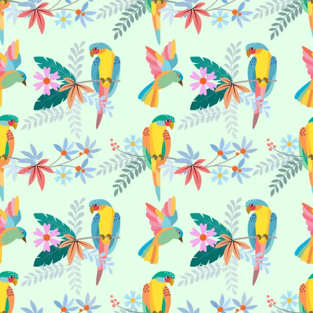 Vector illustration of Colorful parrot on branch with flowers seamless pattern.