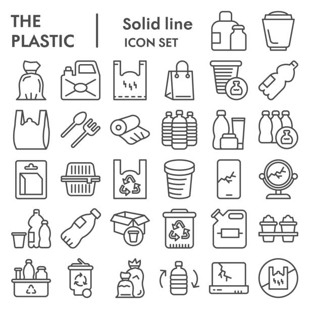 ilustrações, clipart, desenhos animados e ícones de conjunto de ícones da linha de produtos plásticos. coleta de lixo zero, esboços de vetores, ilustrações de logotipo, símbolos web, pacote de pictogramas de contorno isolado em fundo branco, eps 10. - lata recipiente