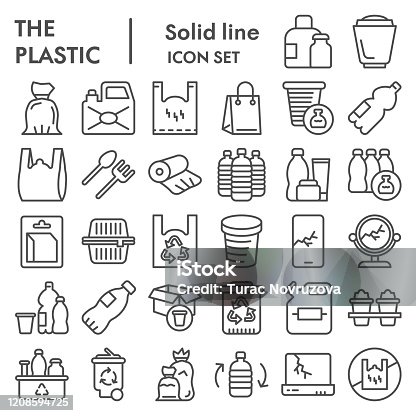 istock Plastic products line icon set. Zero waste collection, vector sketches, logo illustrations, web symbols, outline pictograms package isolated on white background, eps 10. 1208594725
