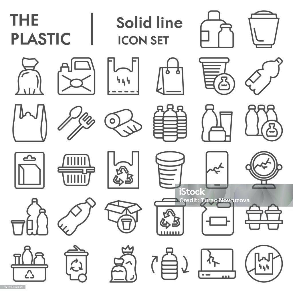 Plastic products line icon set. Zero waste collection, vector sketches, logo illustrations, web symbols, outline pictograms package isolated on white background, eps 10. Plastic products line icon set. Zero waste collection, vector sketches, logo illustrations, web symbols, outline pictograms package isolated on white background, eps 10 Icon Symbol stock vector