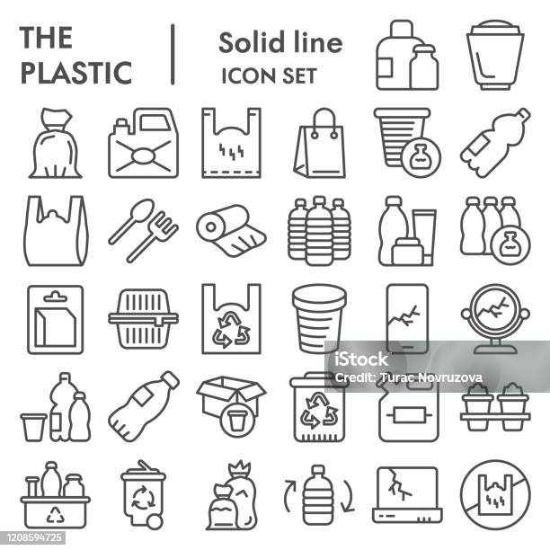 Plastic Products Line Icon Set Zero Waste Collection Vector Sketches Logo Illustrations Web Symbols Outline Pictograms Package Isolated On White Background Eps 10 Stock Illustration - Download Image Now