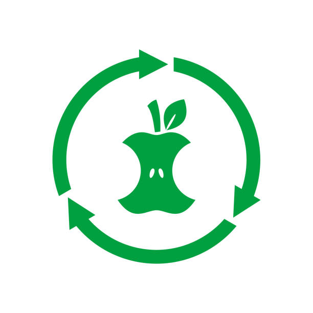 ilustraciones, imágenes clip art, dibujos animados e iconos de stock de residuos orgánicos. signo compostable, icono, símbolo. núcleo de apple dentro de las flechas circulares. etiqueta de producto biodegradable. - the nature conservancy