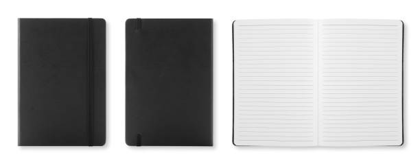 Black colour leather fabric hardcover notebook with elastic band. Top view with notebook closed & open. Line sheet. Isolated on white background. For mockup, branding & advertising. moleskin stock pictures, royalty-free photos & images