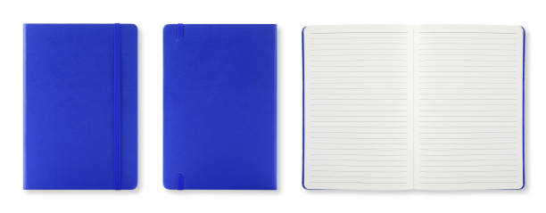 istock Class blue leather fabric hardcover notebook with elastic band. Top view with notebook closed & open. Line sheet. Isolated on white background. 1208598670